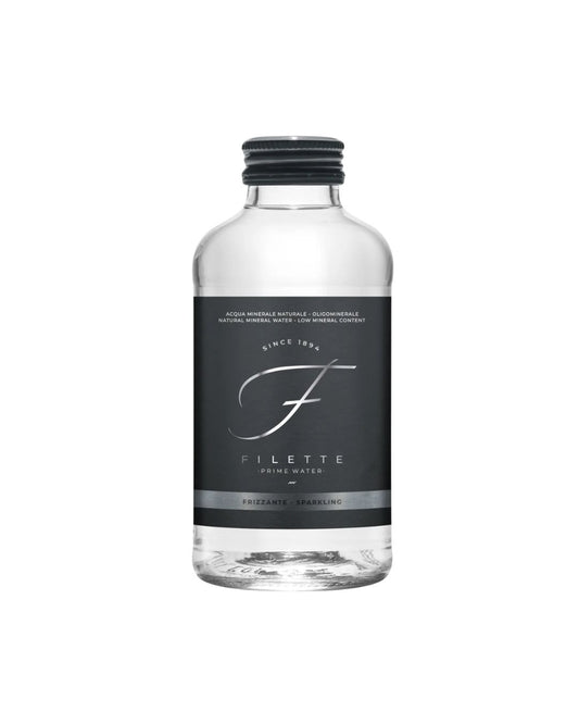 Clear bottle of Filette drinking water with a black label on a white background