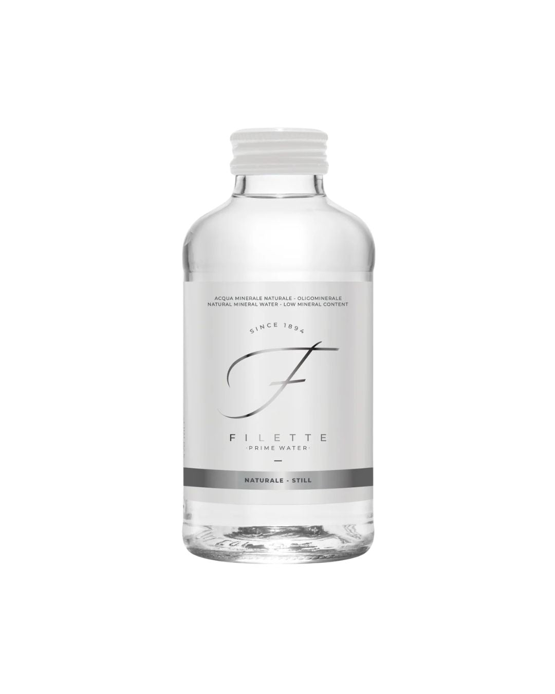 Clear water bottle with white cap and 'FILLETTE' branding on a white background