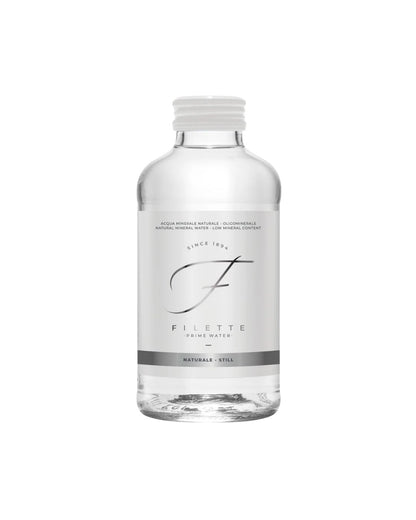 Clear water bottle with white cap and 'FILLETTE' branding on a white background