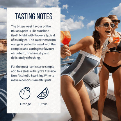 Two women in swimsuits enjoying drinks on a boat with tasting notes overlay.