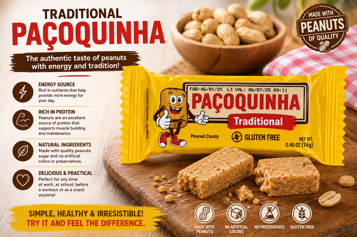 DaColonia Paçoquinha Traditional Peanut Butter Crumble, Gluten Free, 100 Pieces, 1.4 kg
