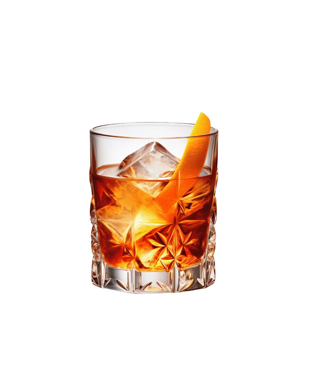 Glass of whiskey with ice and an orange peel on a white background