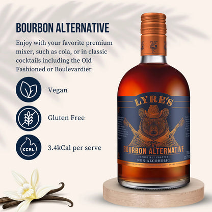 Bottle of Lyre's Bourbon Alternative with vanilla beans on a white background