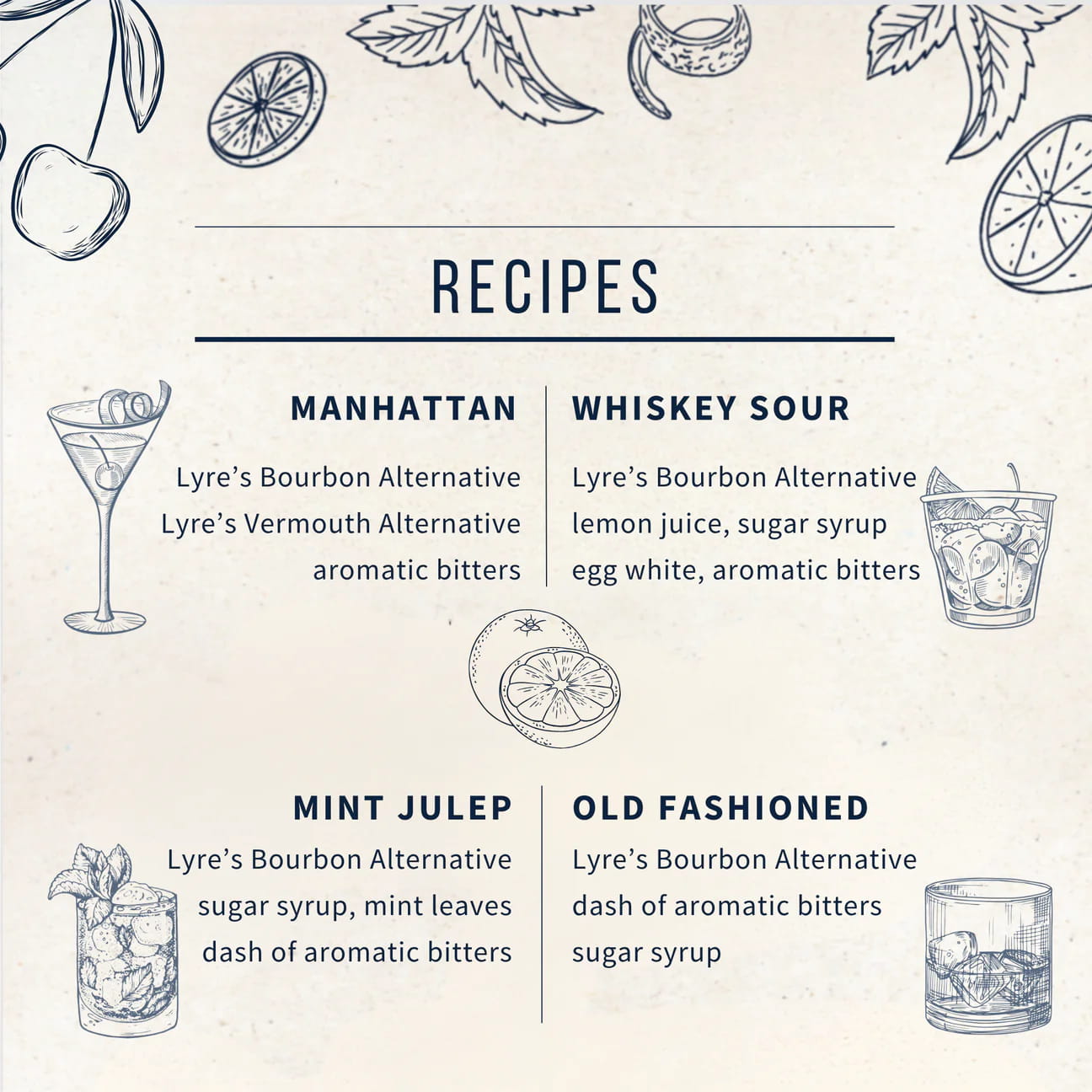 Cocktail recipes with illustrations and ingredients on a light background