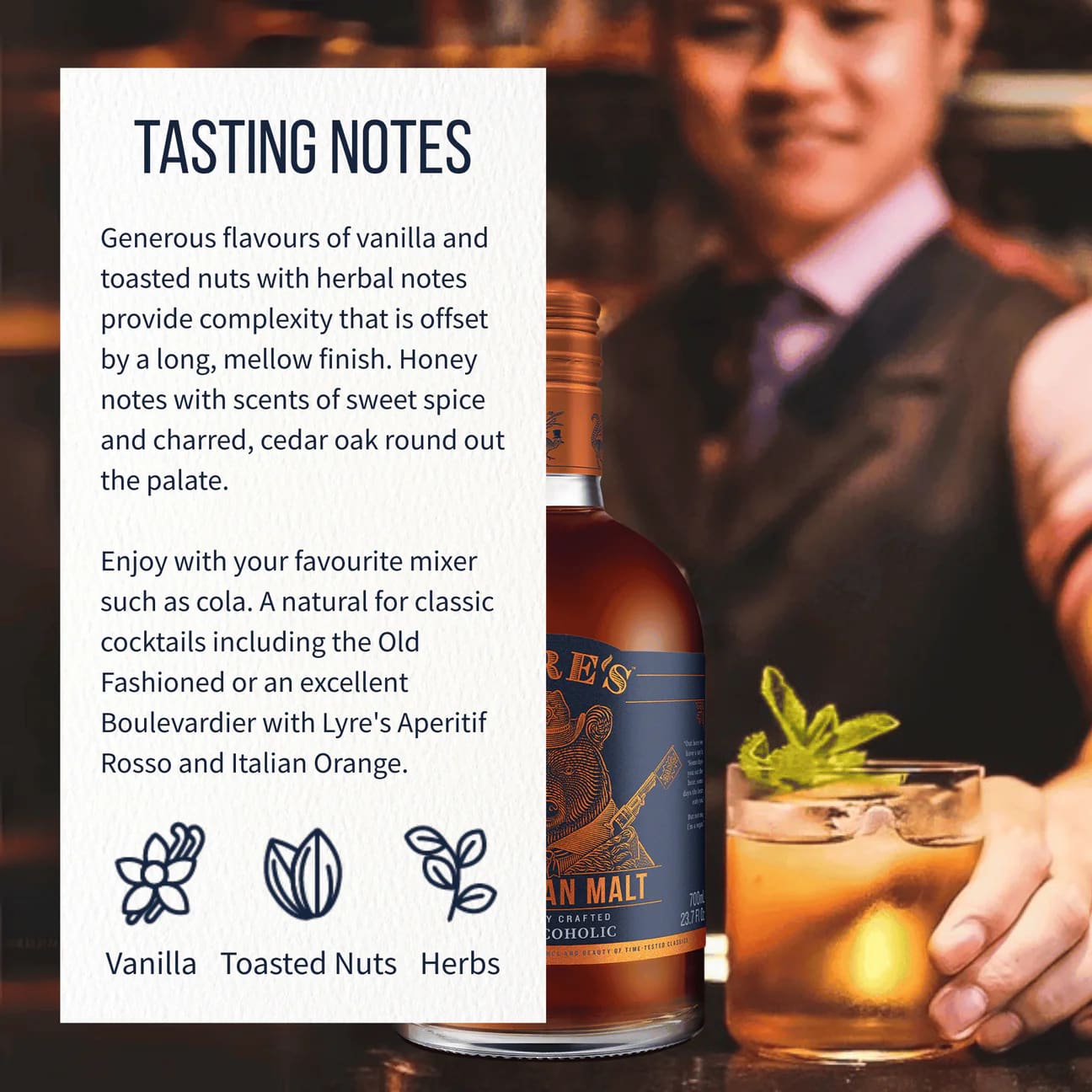 Bottle of Lyre's Malt Whisky with a cocktail and tasting notes on a dark background