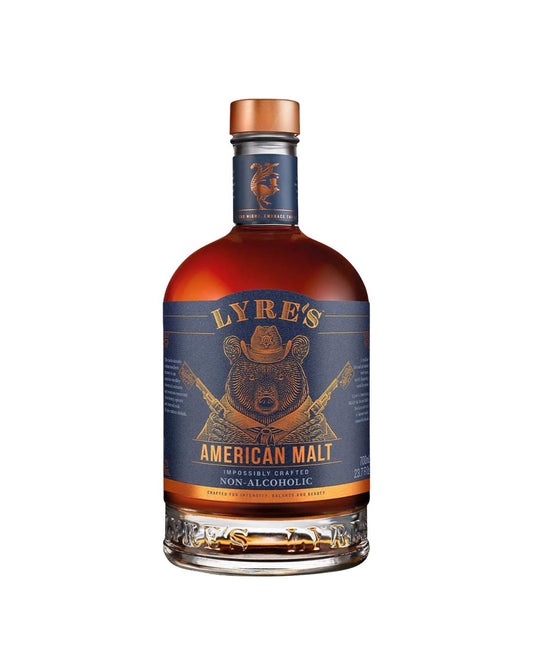 Bottle of Lyre's American Malt non-alcoholic liquor on a white background