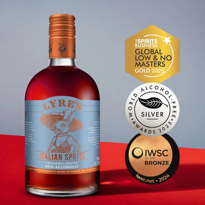 Bottle of Lyre's Italian Spritz non-alcoholic spritz with awards on a red and gray background