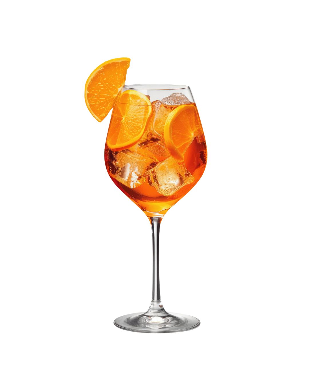 Goblet filled with orange cocktail, ice cubes, and orange slices on a white background