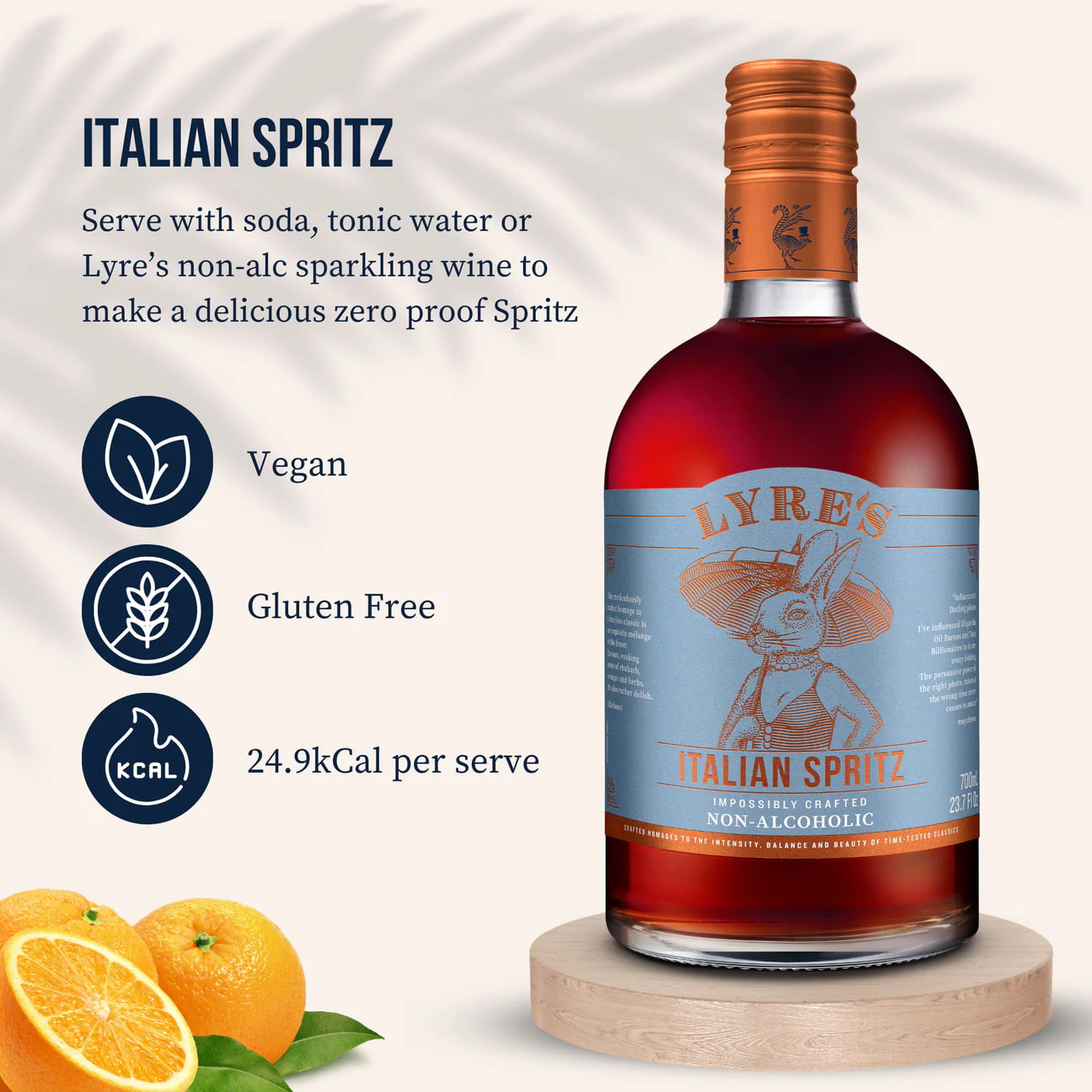 Bottle of Lyre's Italian Spritz with nutritional information and ingredients on a white background