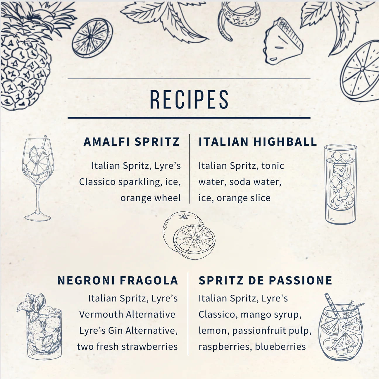 Cocktail recipe card with illustrations of ingredients and drinks on a white background