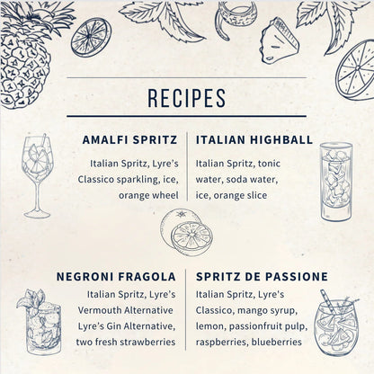 Cocktail recipe card with illustrations of ingredients and drinks on a white background