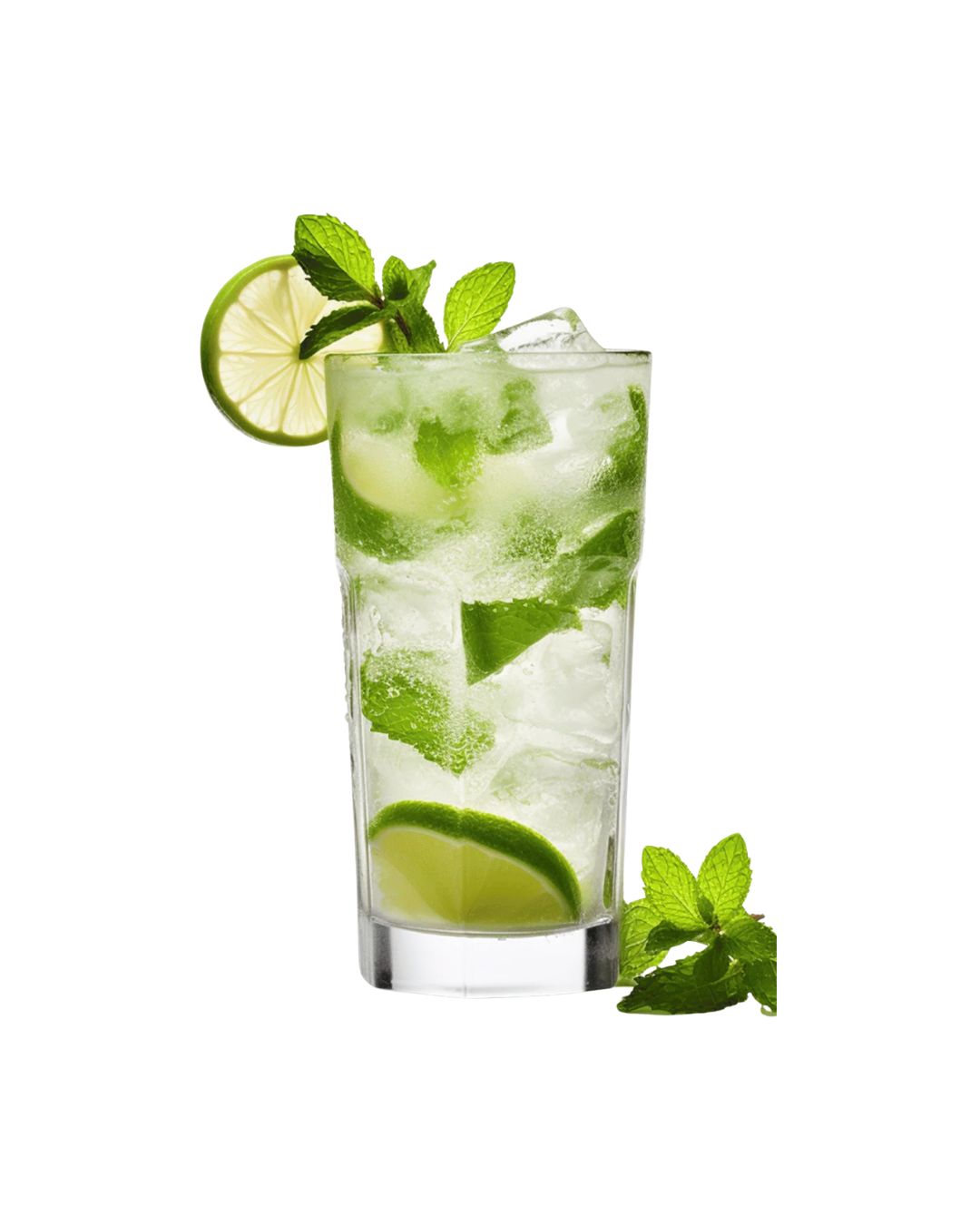 Glass of mojito with lime and mint leaves on a white background