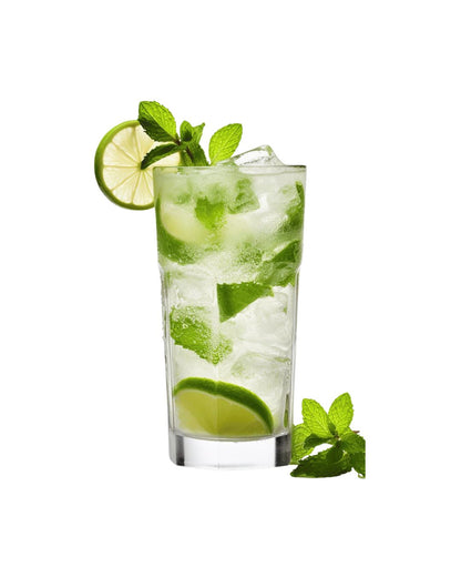 Glass of mojito with lime and mint leaves on a white background
