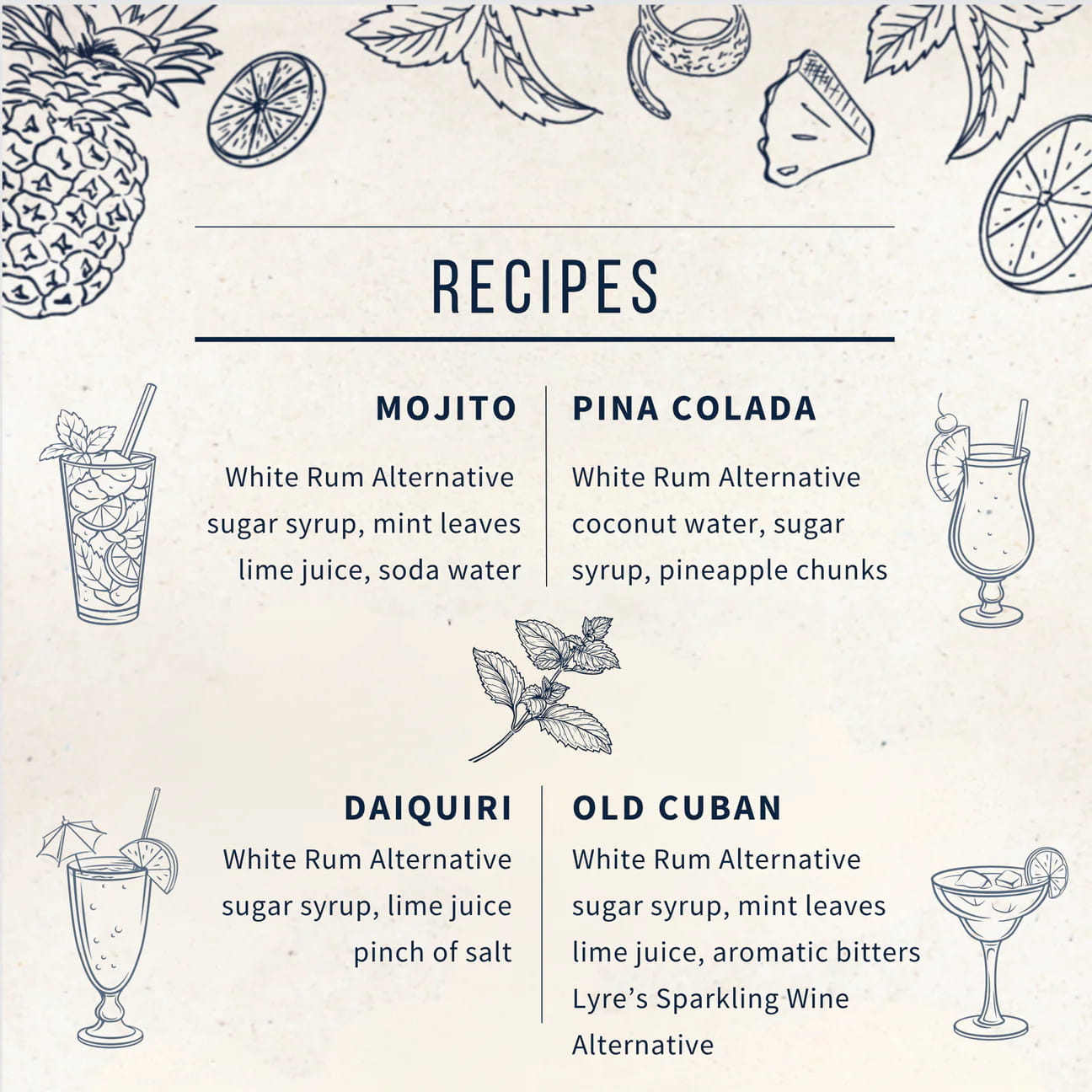 Recipes for Mojito, Pina Colada, Daiquiri, and Old Cuban with illustrations of ingredients and drinks.