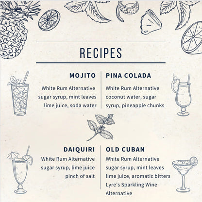 Recipes for Mojito, Pina Colada, Daiquiri, and Old Cuban with illustrations of ingredients and drinks.