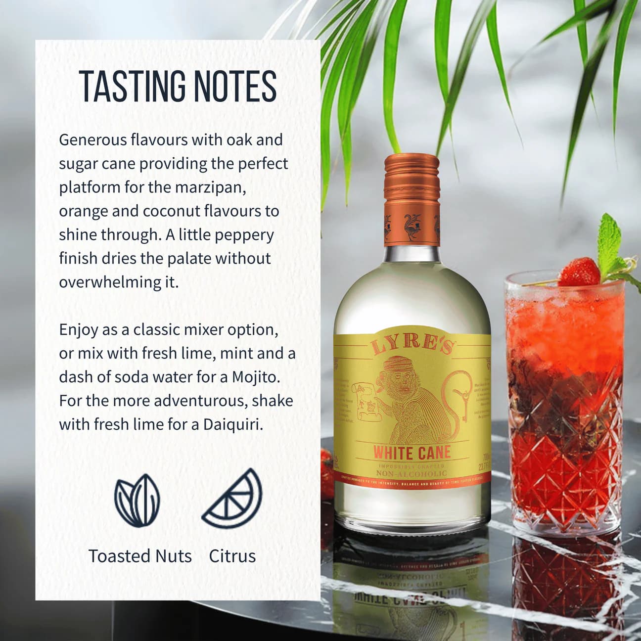 Lyre's White Cane bottle with a cocktail and tasting notes on a reflective surface.