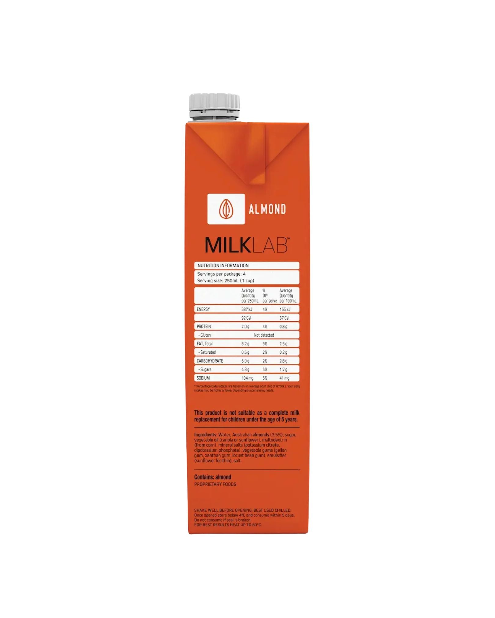 Almond milk carton with 'Milk Lab' branding on a white background
