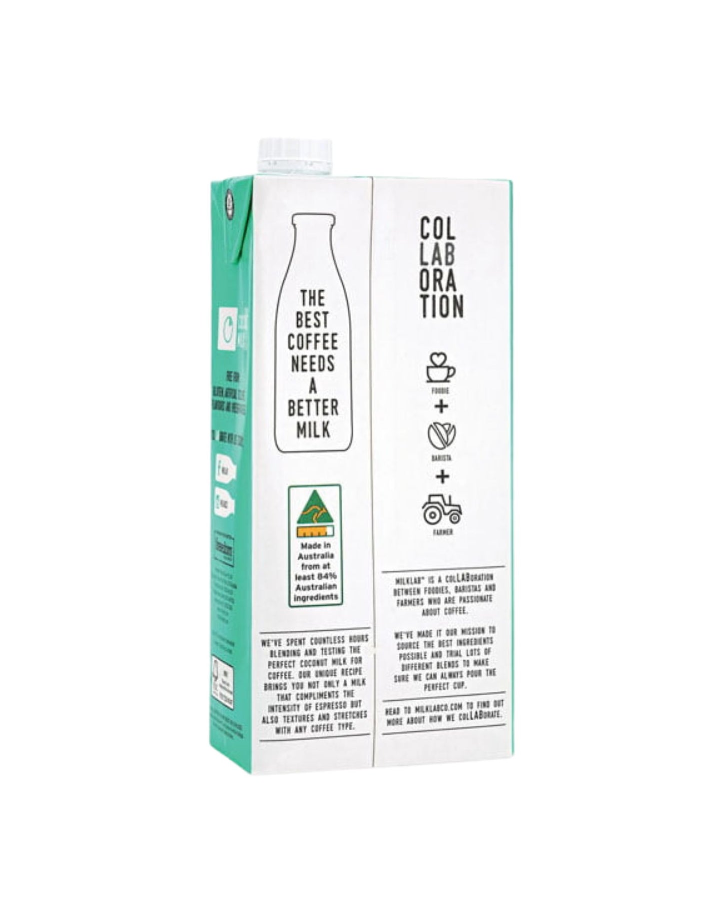 Milk carton with branding and text on a white background