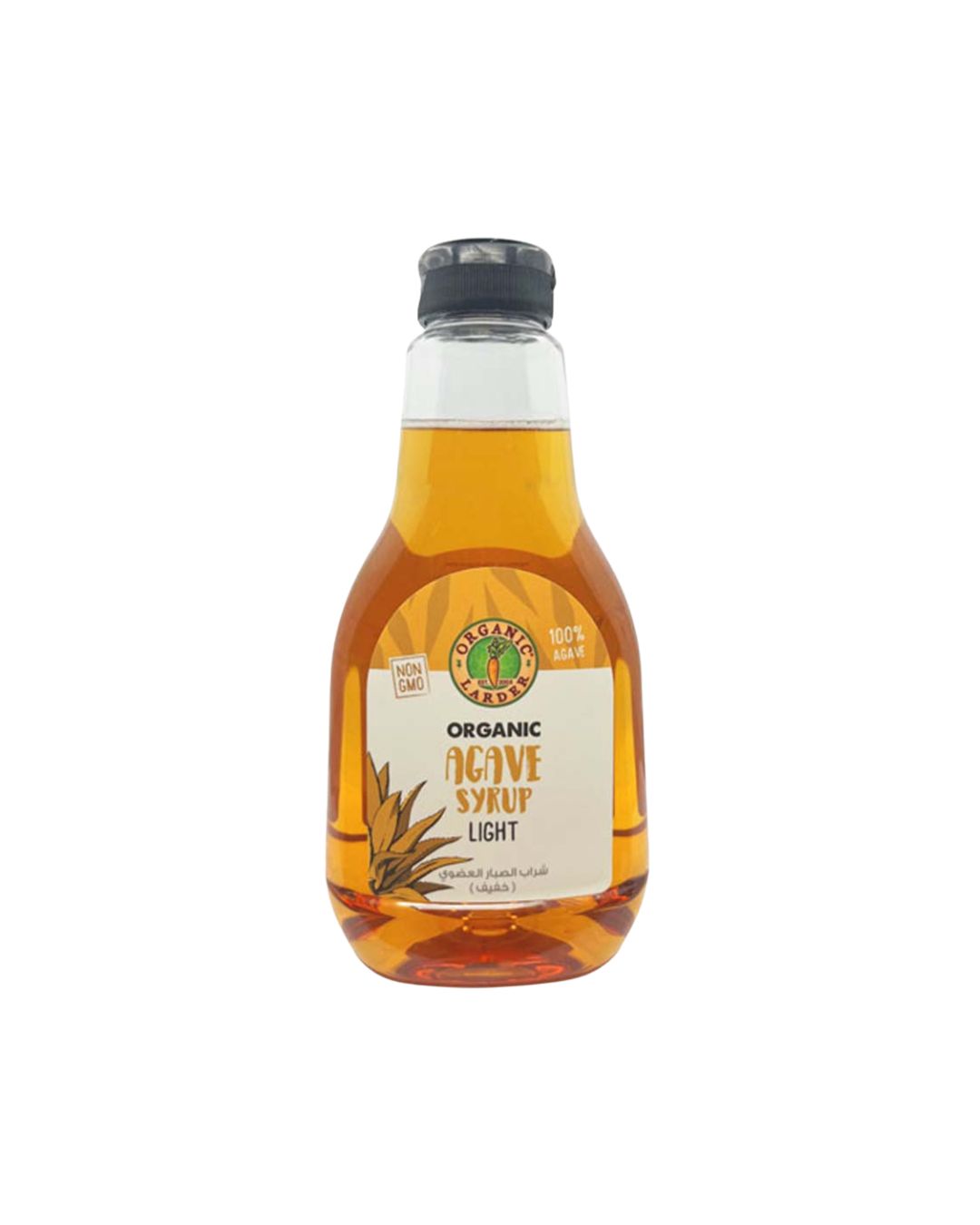 Bottle of organic agave syrup on a white background