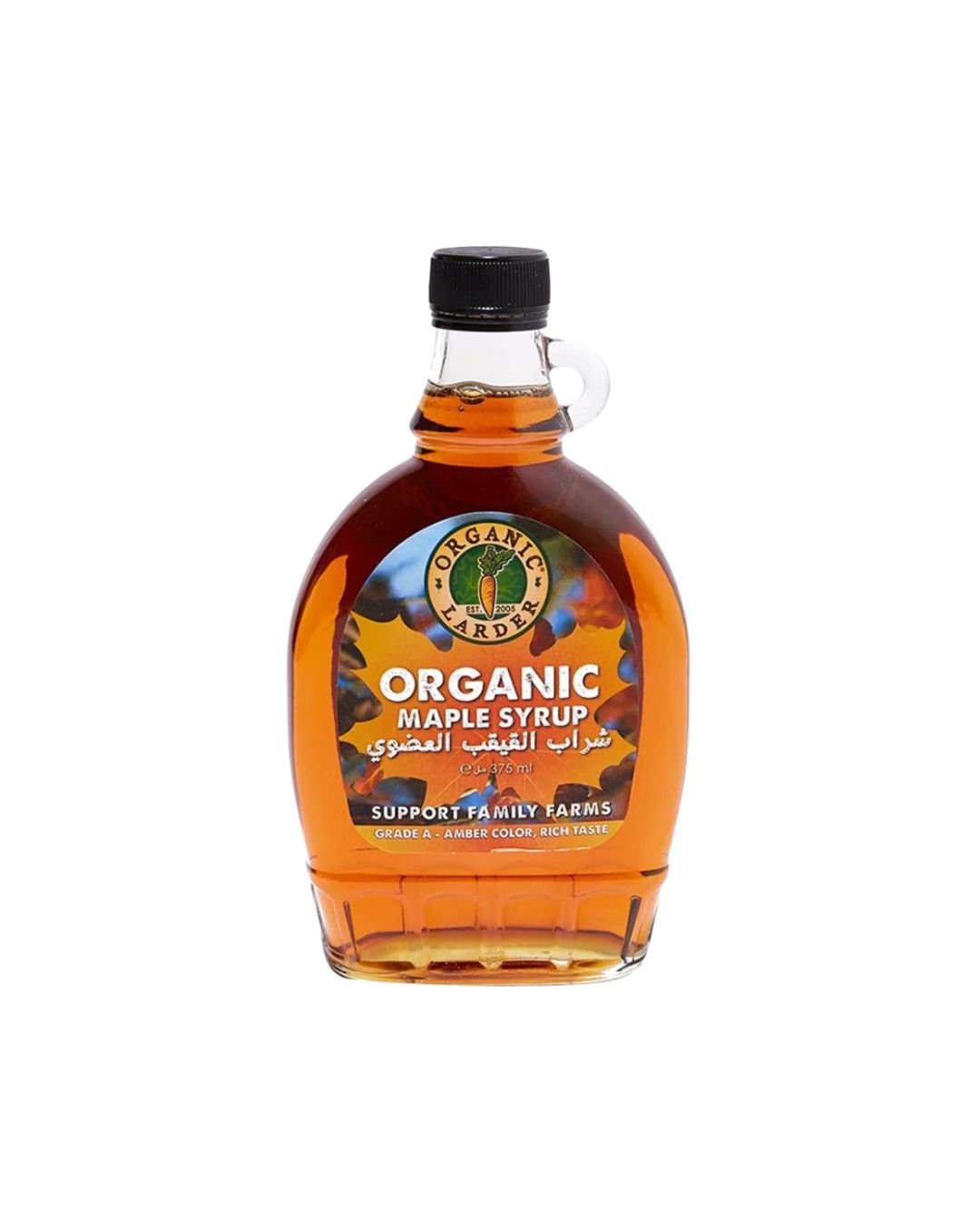 Bottle of Organic Maple Syrup with a visible label on a white background