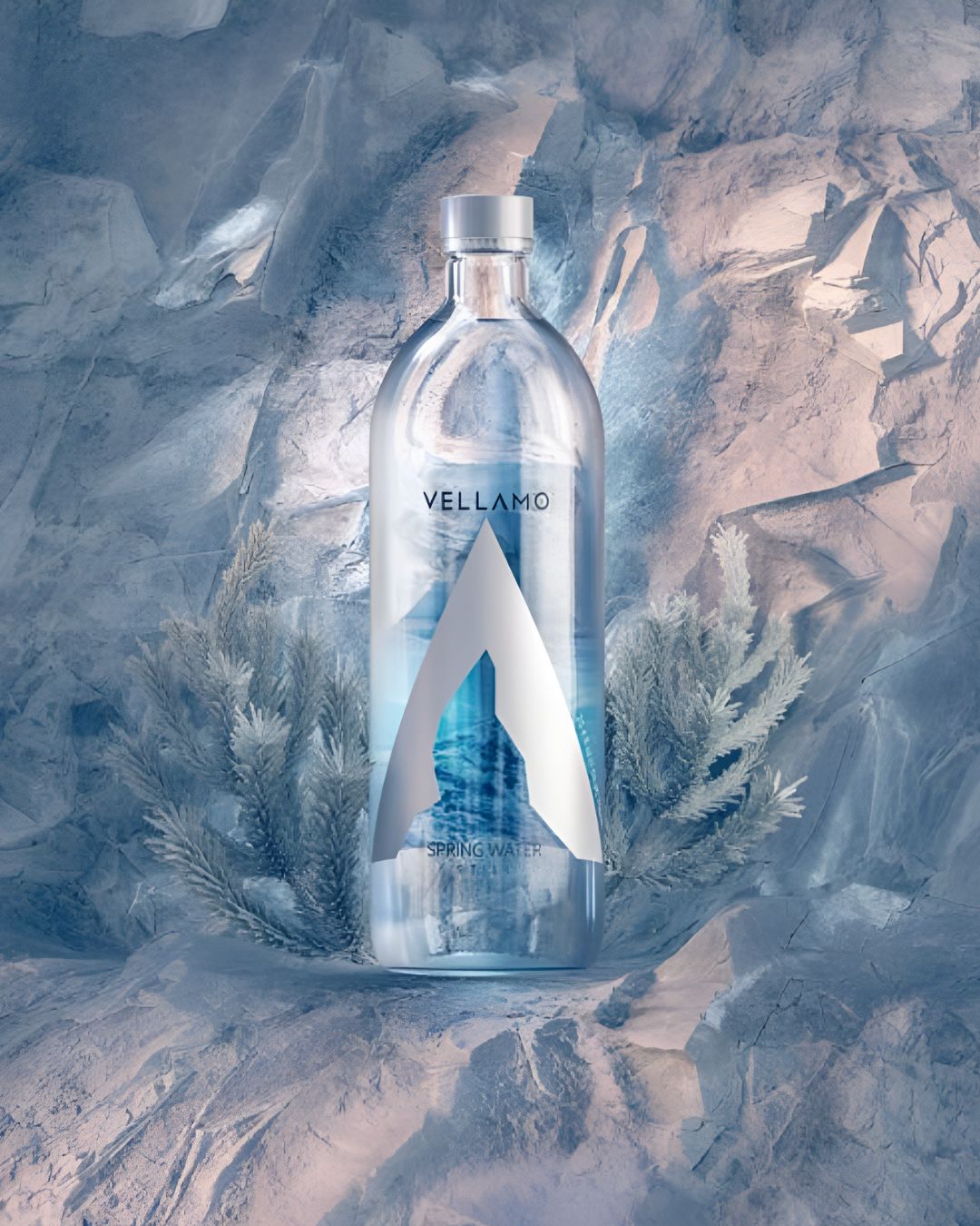 Vellamo still spring water bottle displayed in an icy blue setting